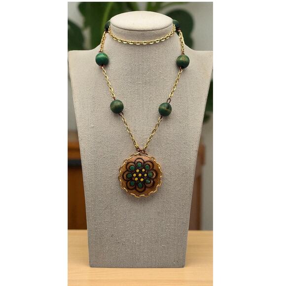 Vintage Green Bead Reversible Floral Pendant Boho Necklace - Picture 4 of 7